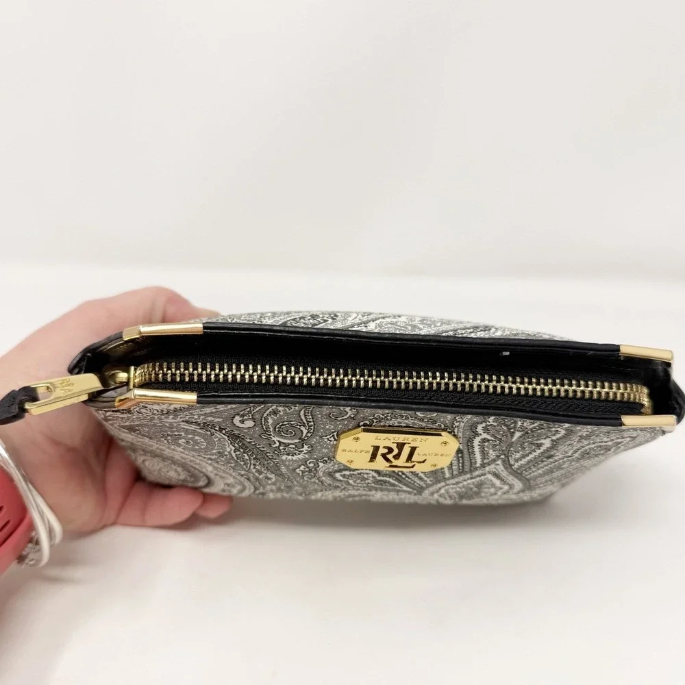 Ralph Lauren Black White Paisley Vegan Leather Clutch‎ Bag